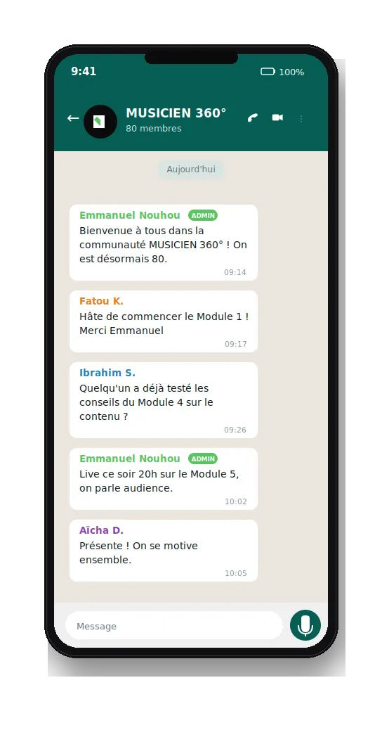Capture de la communauté MUSICIEN 360° sur WhatsApp — 80 membres